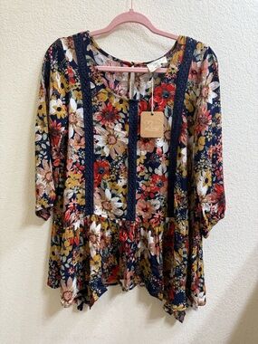 2 Love Navy Multicolor Floral Crochet-Trim Blouse